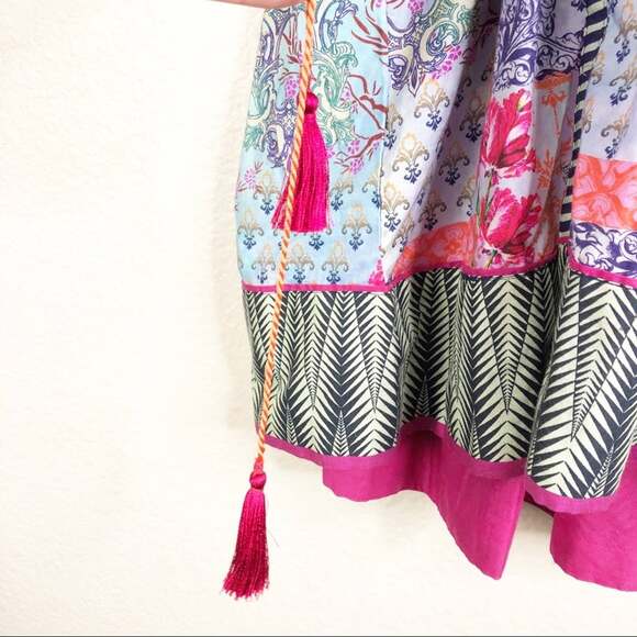 J Pret Boho Babydoll Blouse Tassels Women Small Mixed Media Floral Stripe V Neck - Picture 6 of 6